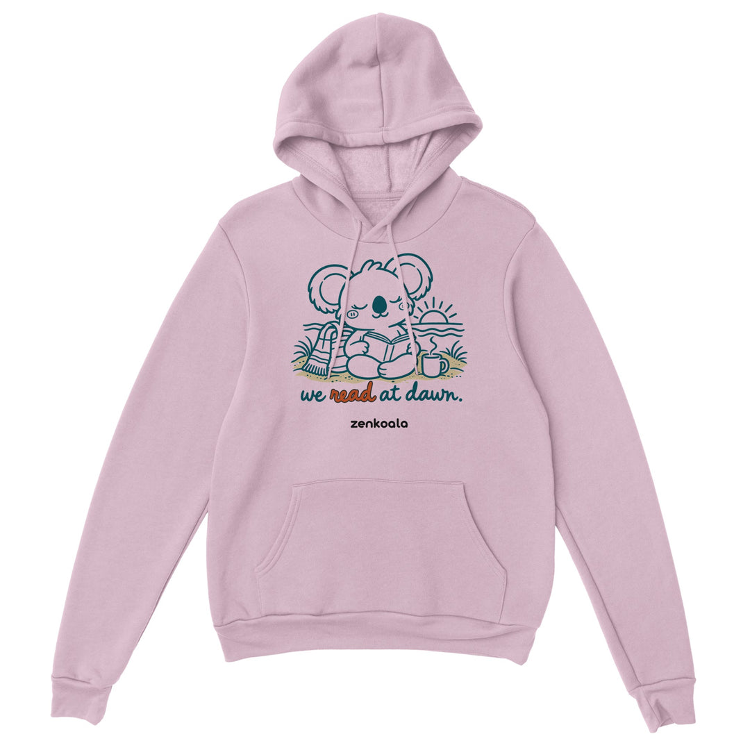We Read at Dawn feel-good hoodie in light pink, Zen Koala Australia