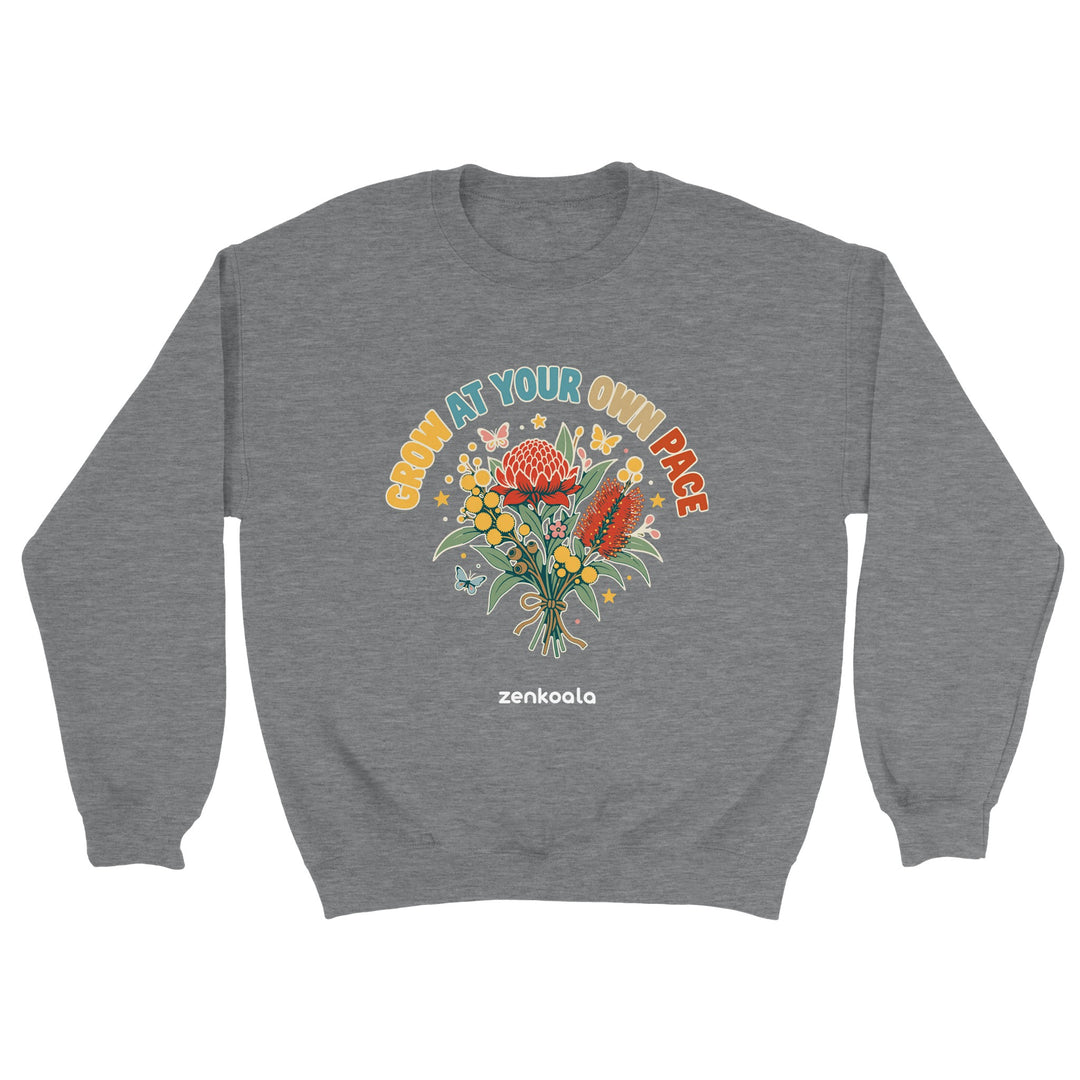 Grow at Your Own Pace feel-good sweatshirt in sport grey, Zen Koala Australia