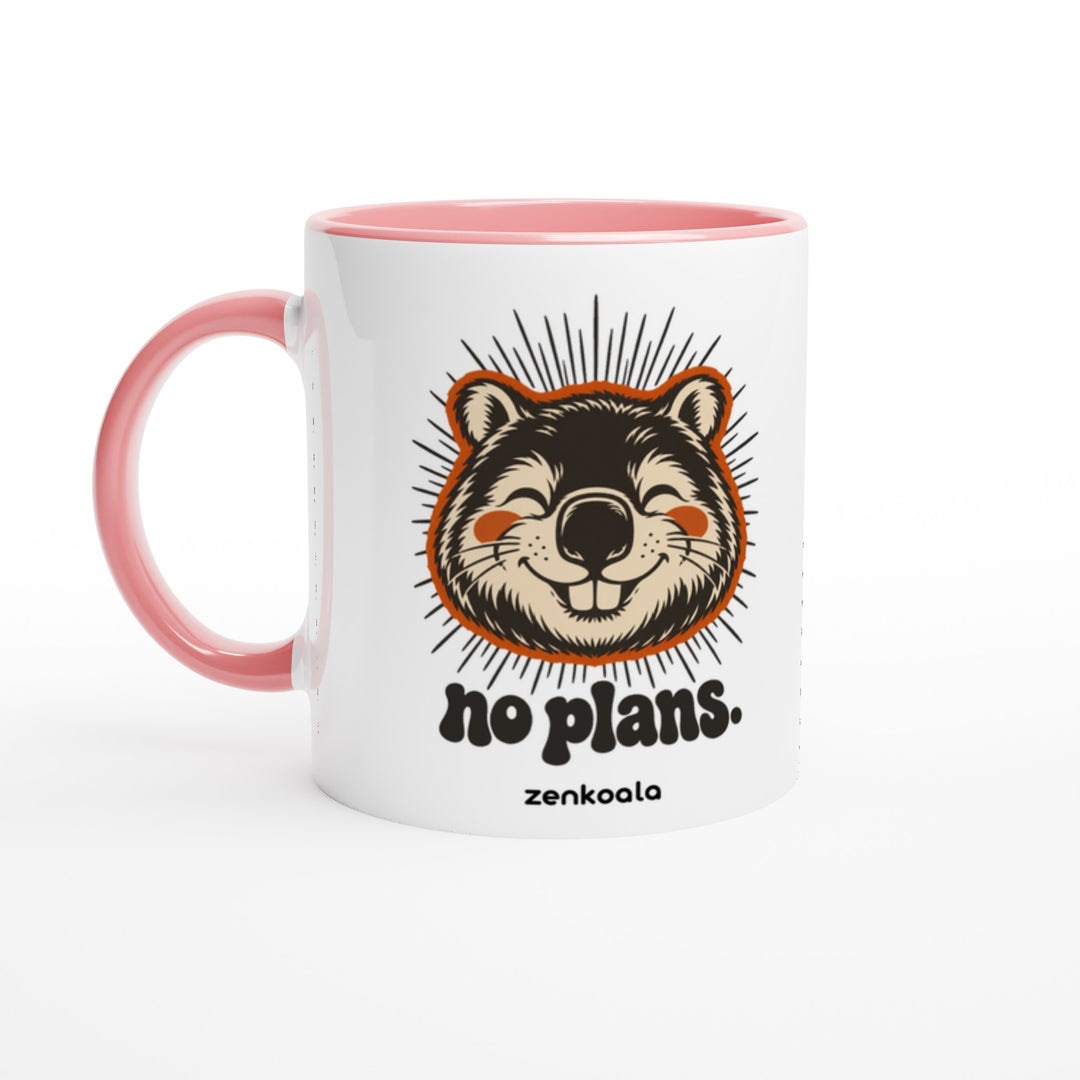 No Plans mug in pink: white with a pink rim, inside and handle, Zen Koala Australia