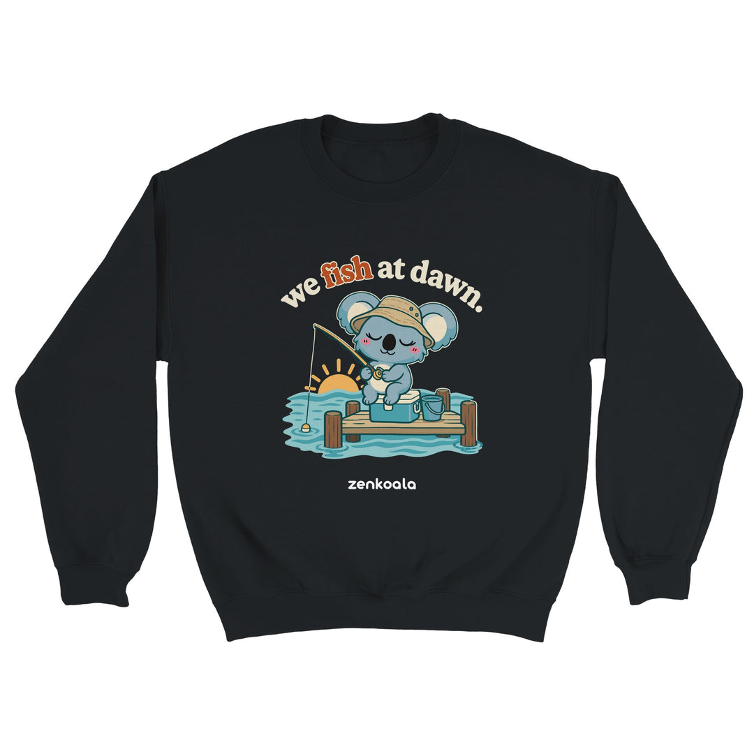 We Fish at Dawn feel-good sweatshirt in black, Zen Koala Australia