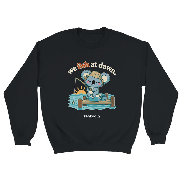 We Fish at Dawn feel-good sweatshirt in black, Zen Koala Australia