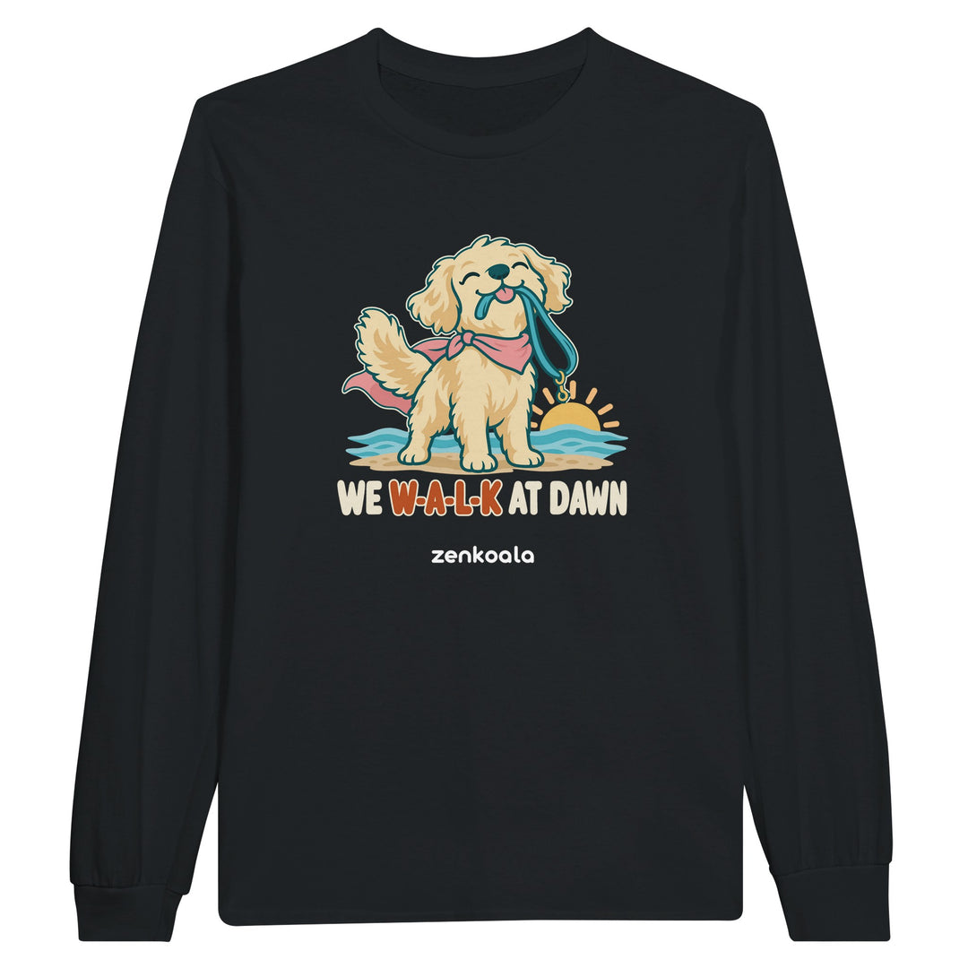 We Walk at Dawn feel-good long sleeve tee in black, Zen Koala Australia