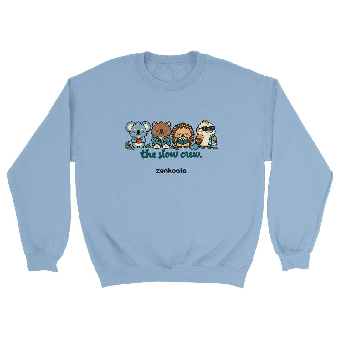 The Slow Crew feel-good sweatshirt in light blue: four Aussie animals in a row, Zen Koala Australia