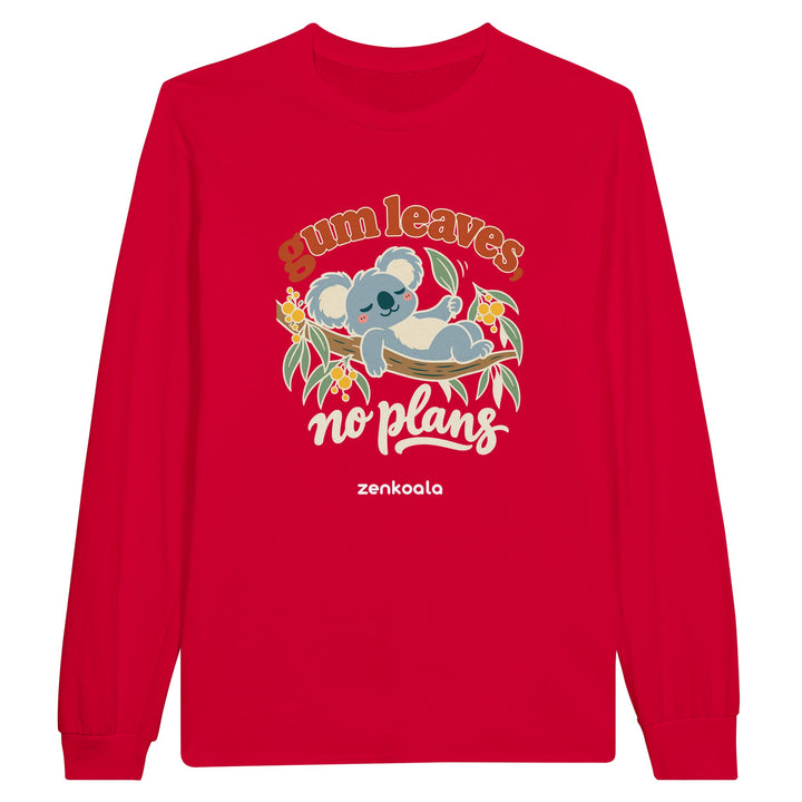 Gum Leaves No Plans feel-good long sleeve tee in red, Zen Koala Australia