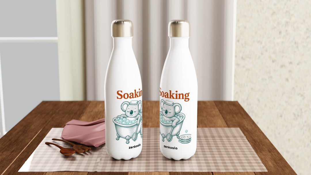 Two Soaking Koala Bath water bottles on a table, Zen Koala Australia