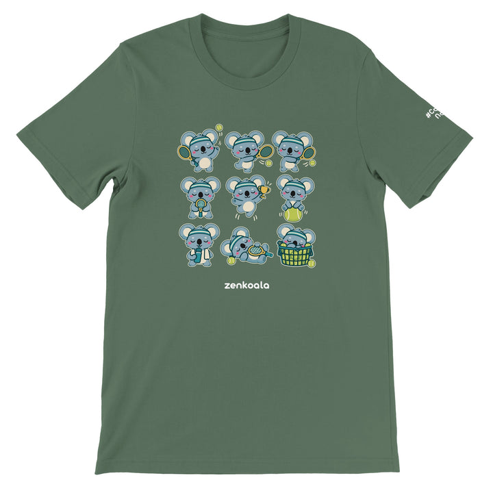 Tennis Koalas feel-good tee in military green, Zen Koala Australia
