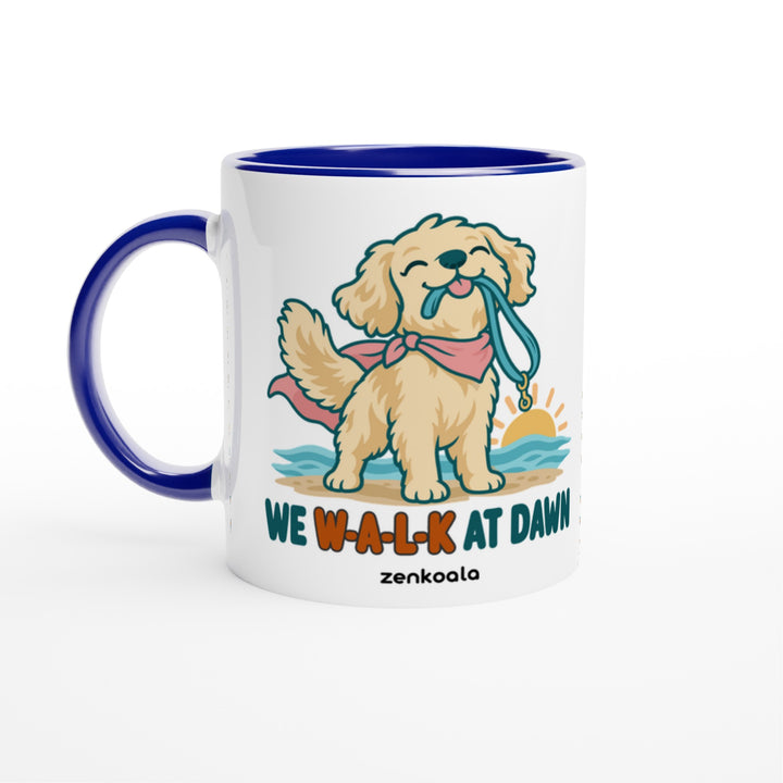 We Walk at Dawn mug in blue: white with a blue rim, inside and handle, Zen Koala Australia