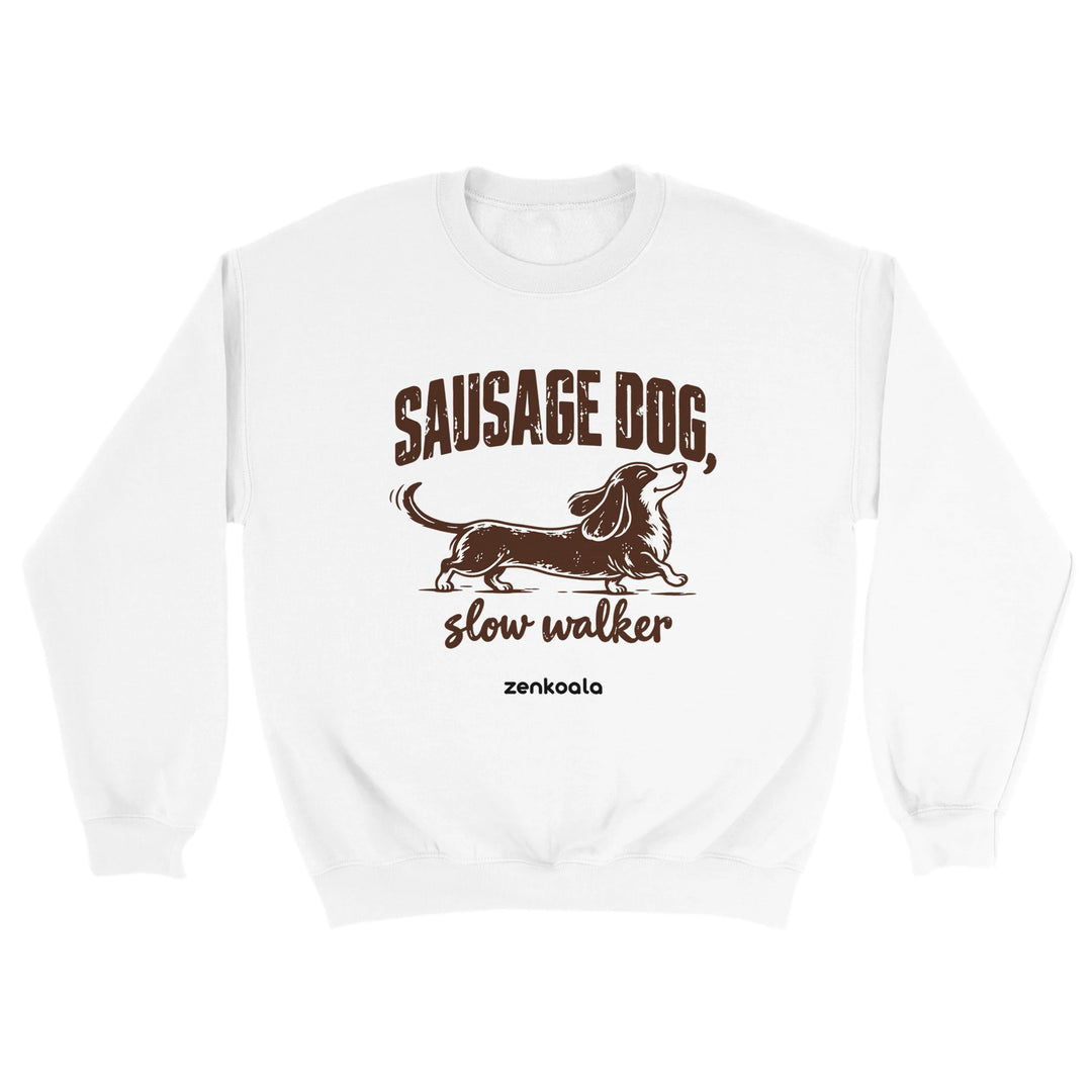 Sausage Dog Slow Walker feel-good sweatshirt in white, Zen Koala Australia