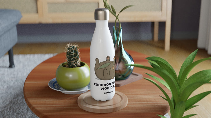 Common Couch Wombat water bottle on a wooden table with a cactus, Zen Koala Australia
