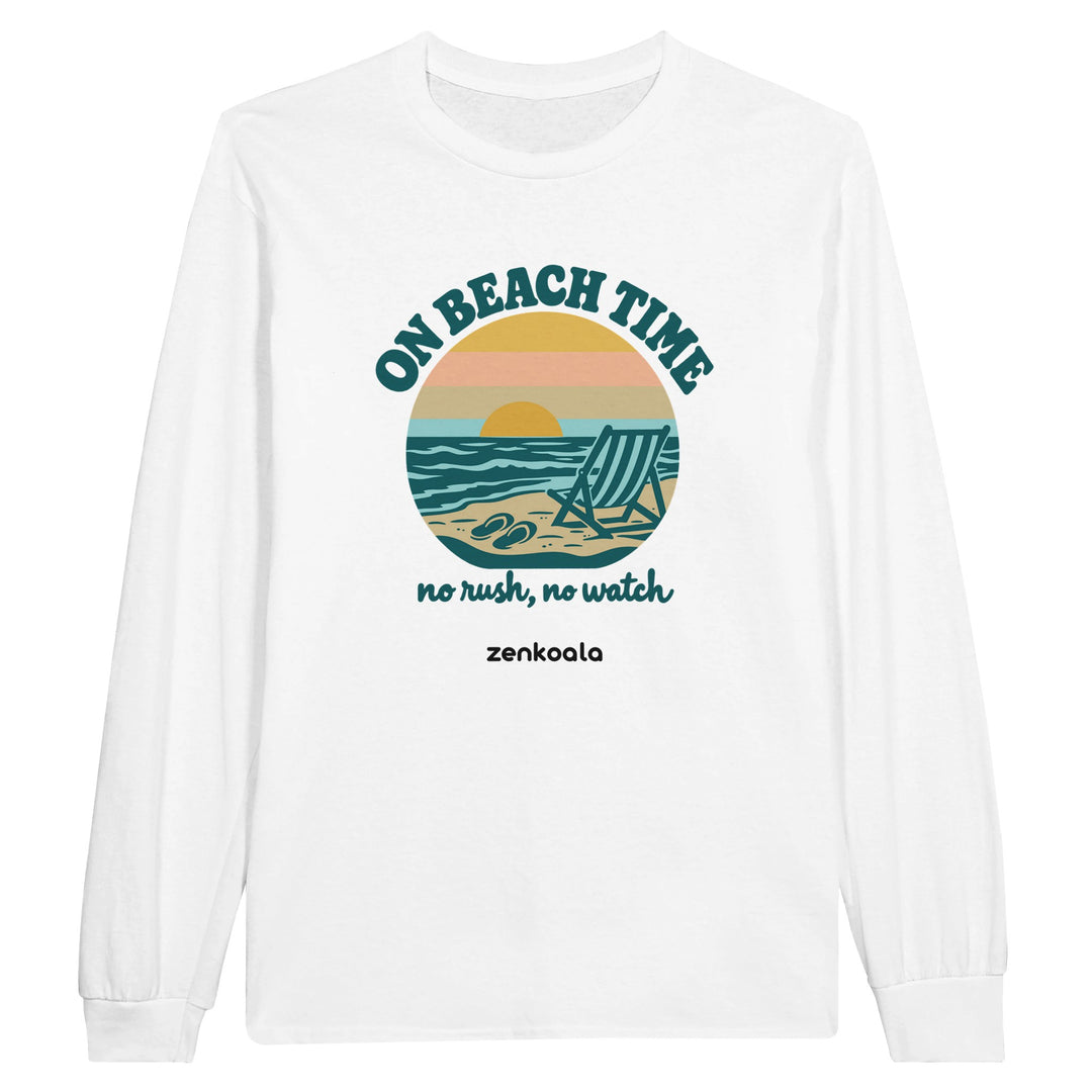 On Beach Time feel-good long sleeve tee in white, Zen Koala Australia