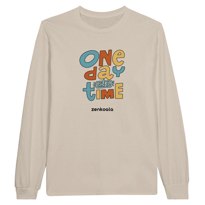 One Day at a Time feel-good long sleeve tee in sand, Zen Koala Australia