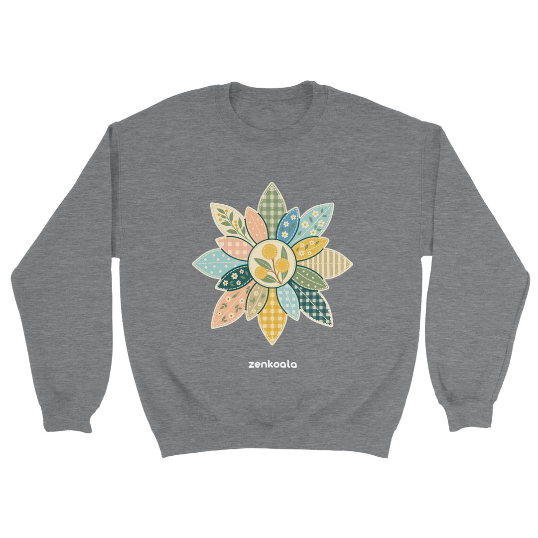 Wattle Mandala feel-good sweatshirt in sport grey: a gum-leaf faux patchwork mandala, Zen Koala Australia