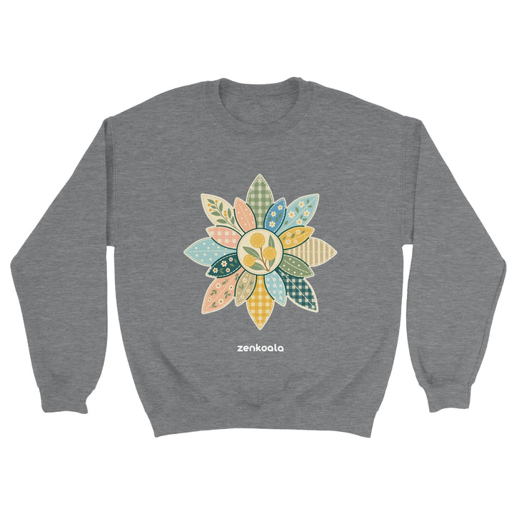 Wattle Mandala feel-good sweatshirt in sport grey: a gum-leaf faux patchwork mandala, Zen Koala Australia