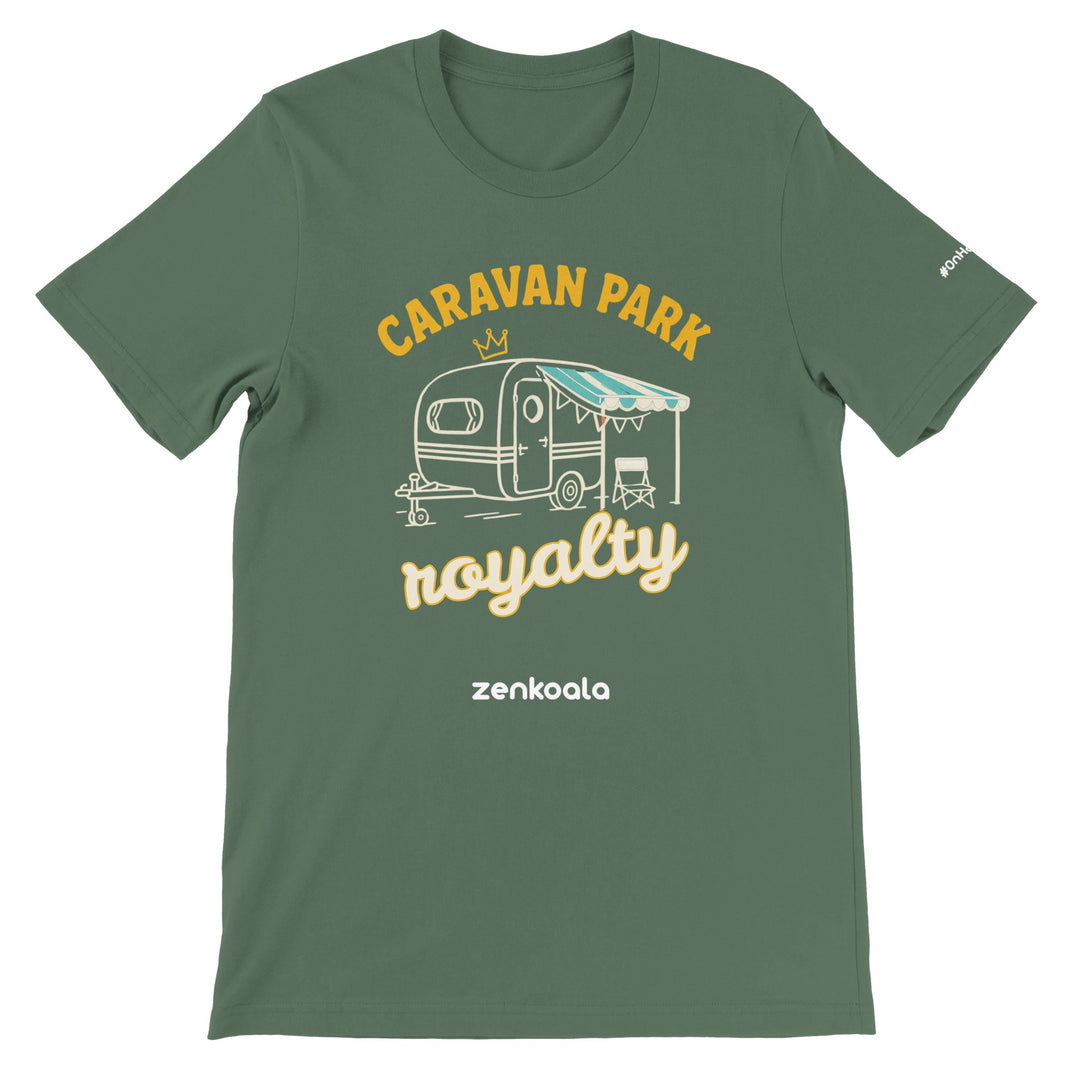Caravan Park Royalty feel-good tee in military green — a retro caravan with a striped awning and camp chair, Zen Koala Australia