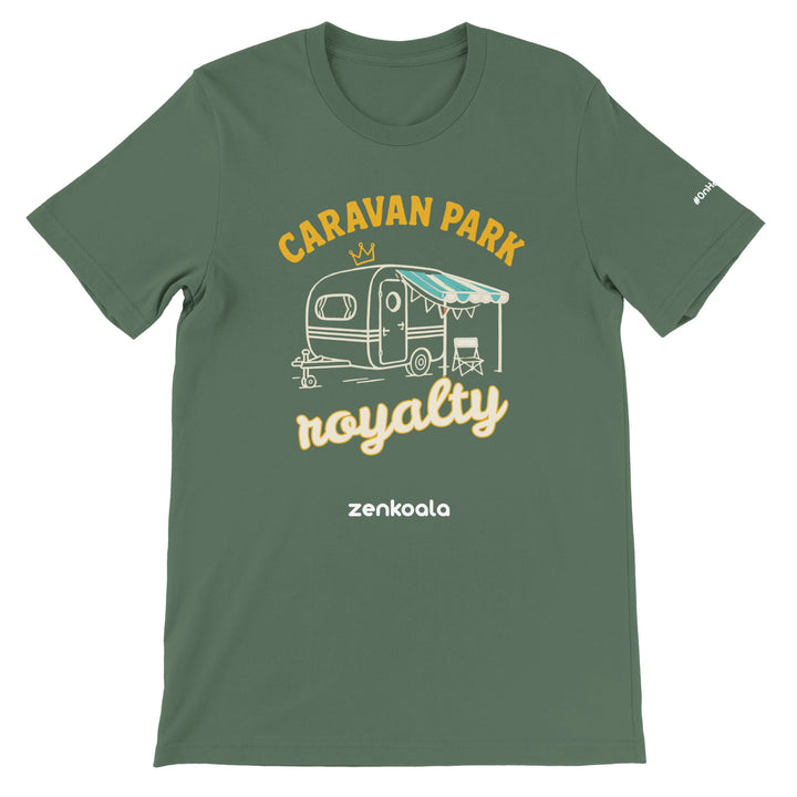 Caravan Park Royalty feel-good tee in military green — a retro caravan with a striped awning and camp chair, Zen Koala Australia