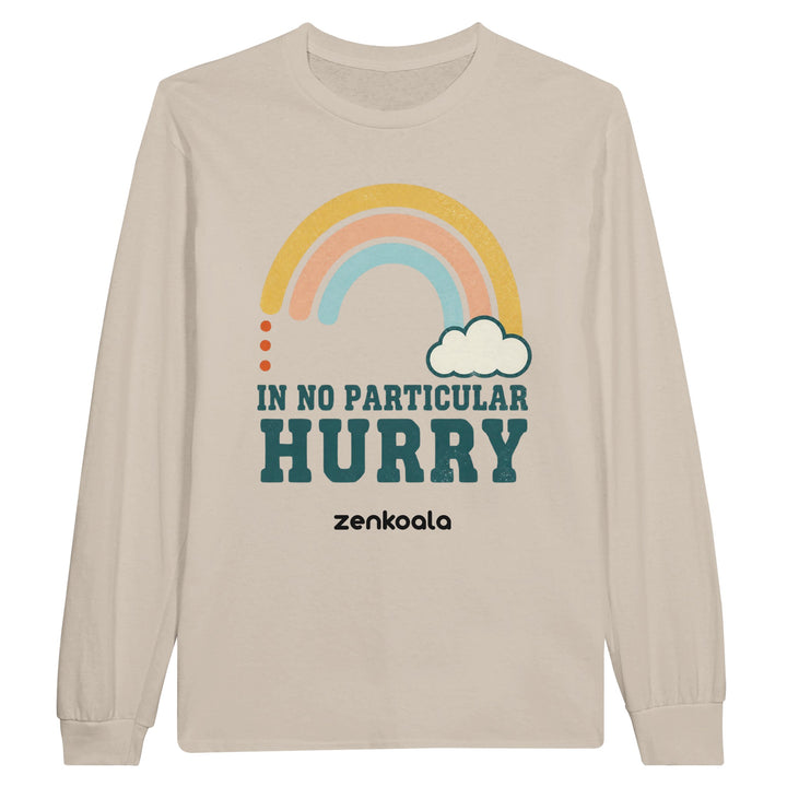 In No Particular Hurry long sleeve tee in sand — a retro pastel rainbow and cloud, Zen Koala Australia