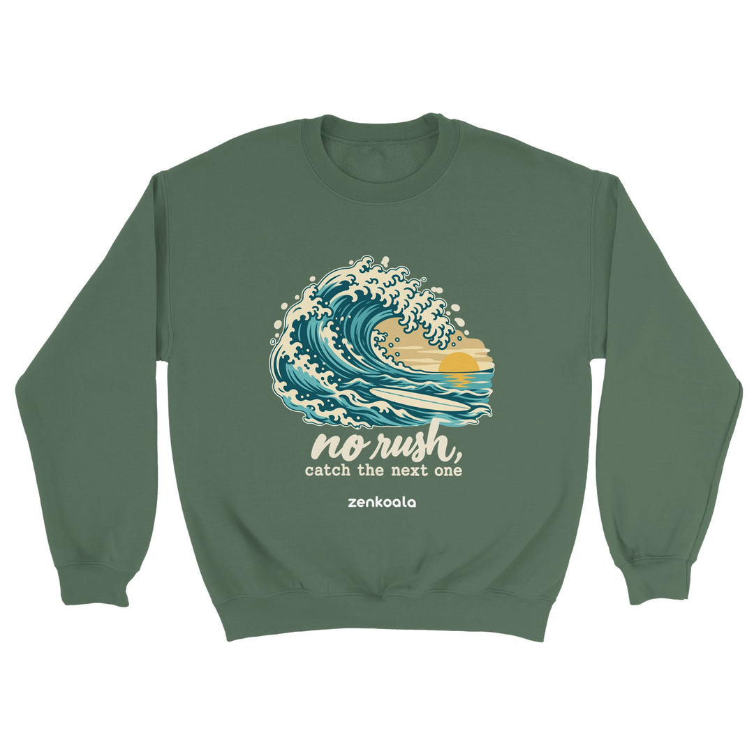 No Rush Catch the Next One feel-good sweatshirt in military green, Zen Koala Australia