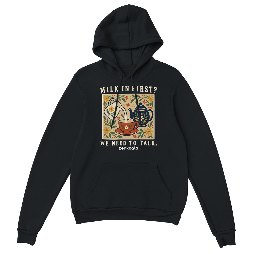 Milk in First feel-good hoodie in black, Zen Koala Australia