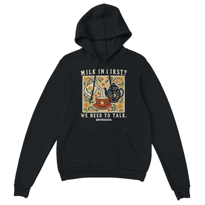 Milk in First feel-good hoodie in black, Zen Koala Australia