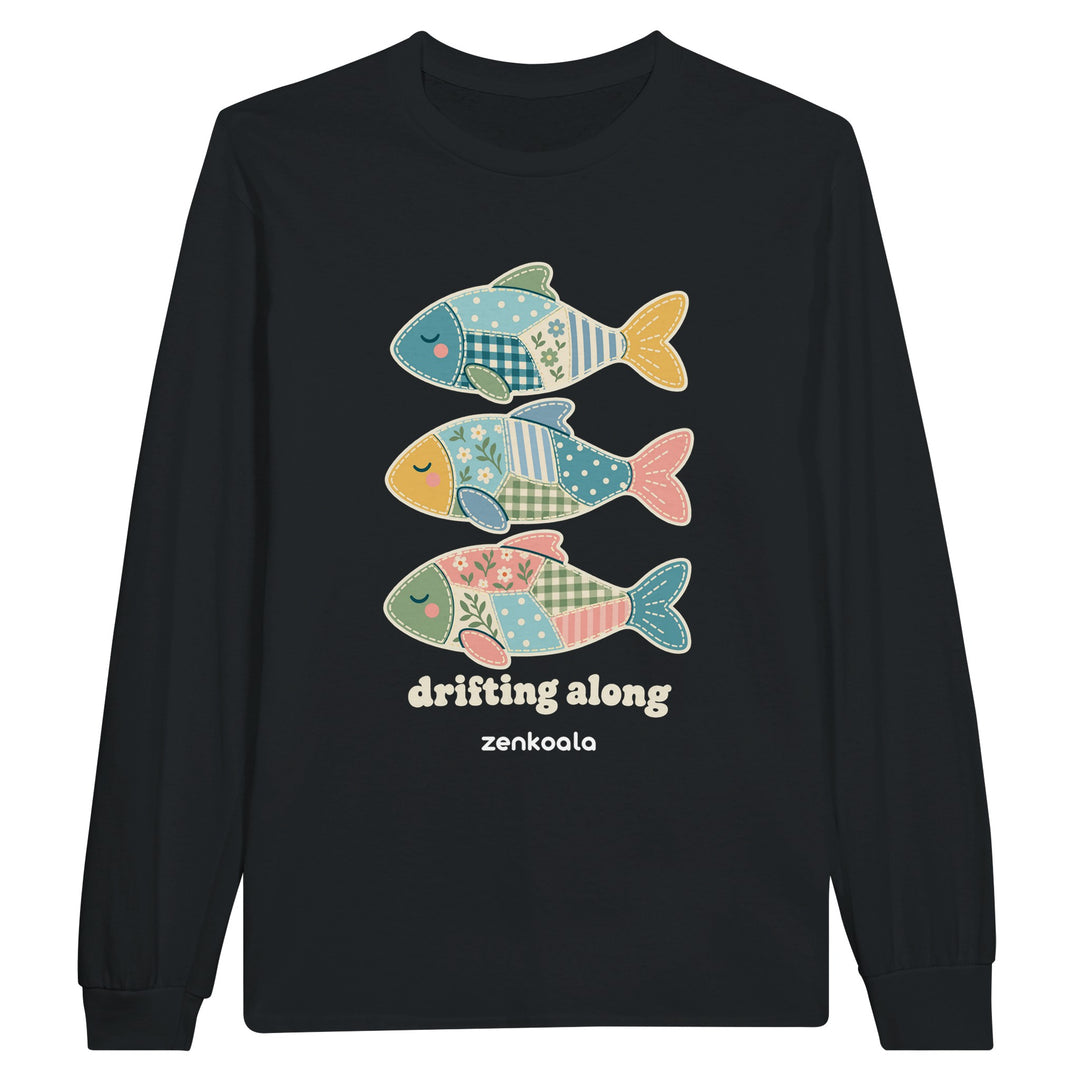 Drifting Along Fish feel-good long sleeve tee in black, Zen Koala Australia