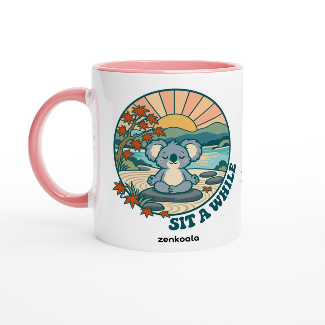 Sit a While mug in pink: white with a pink rim, inside and handle, Zen Koala Australia