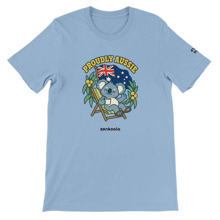 Proudly Aussie feel-good tee in light blue, Zen Koala Australia
