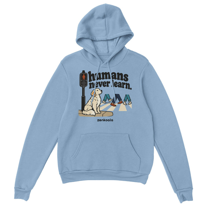 Humans Never Learn feel-good hoodie in light blue, Zen Koala Australia