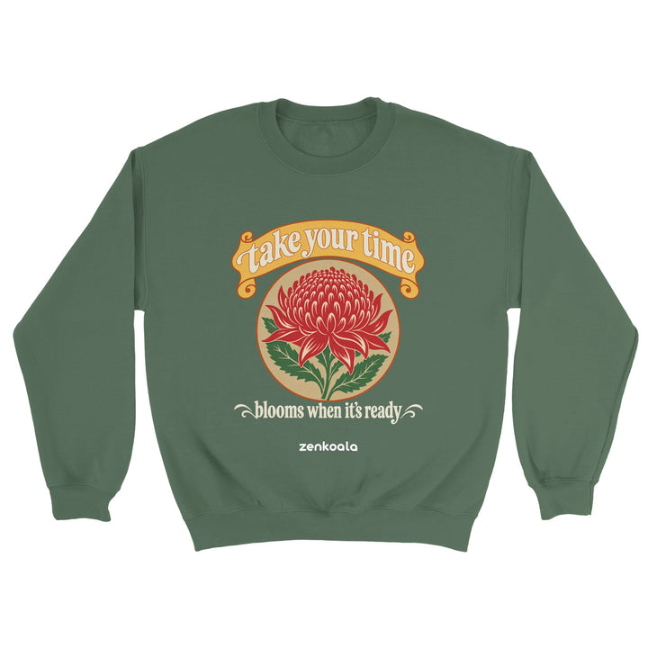 Take Your Time feel-good sweatshirt in military green: a waratah in bloom, Zen Koala Australia