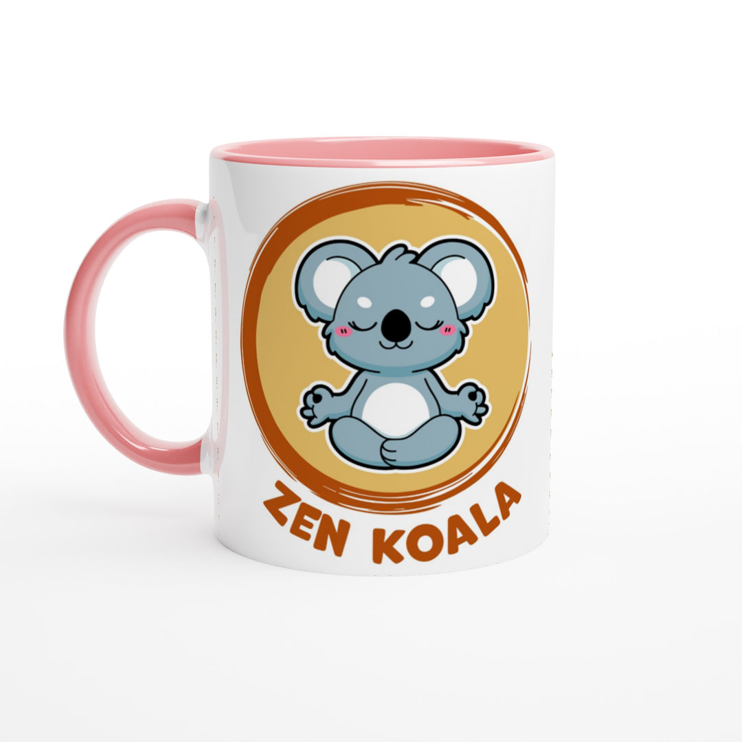 Zen Koala Official Logo - White 11oz with pink handle and pink rim interior ceramic mug