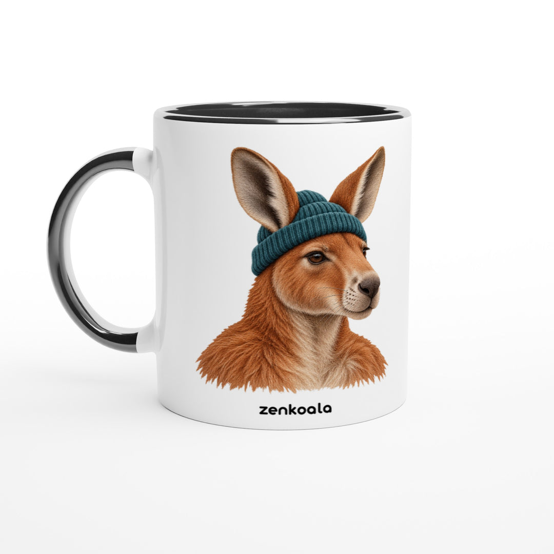 Kangaroo Beanie mug in black: white with a black rim, inside and handle, Zen Koala Australia