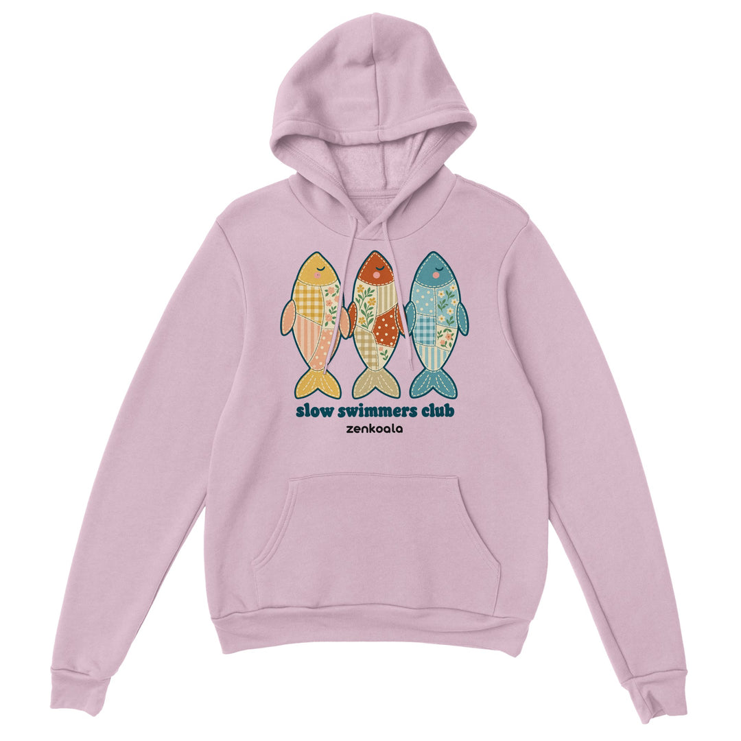Slow Swimmers Club feel-good hoodie in light pink, Zen Koala Australia