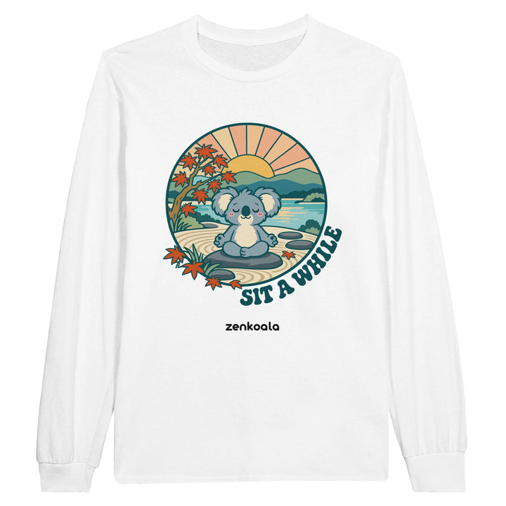 Sit a While feel-good long sleeve tee in white: a koala meditating in a zen garden, Zen Koala Australia