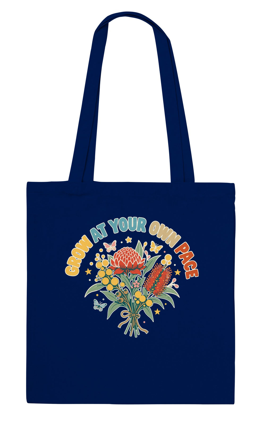 Grow at Your Own Pace feel-good tote bag in navy, Zen Koala Australia