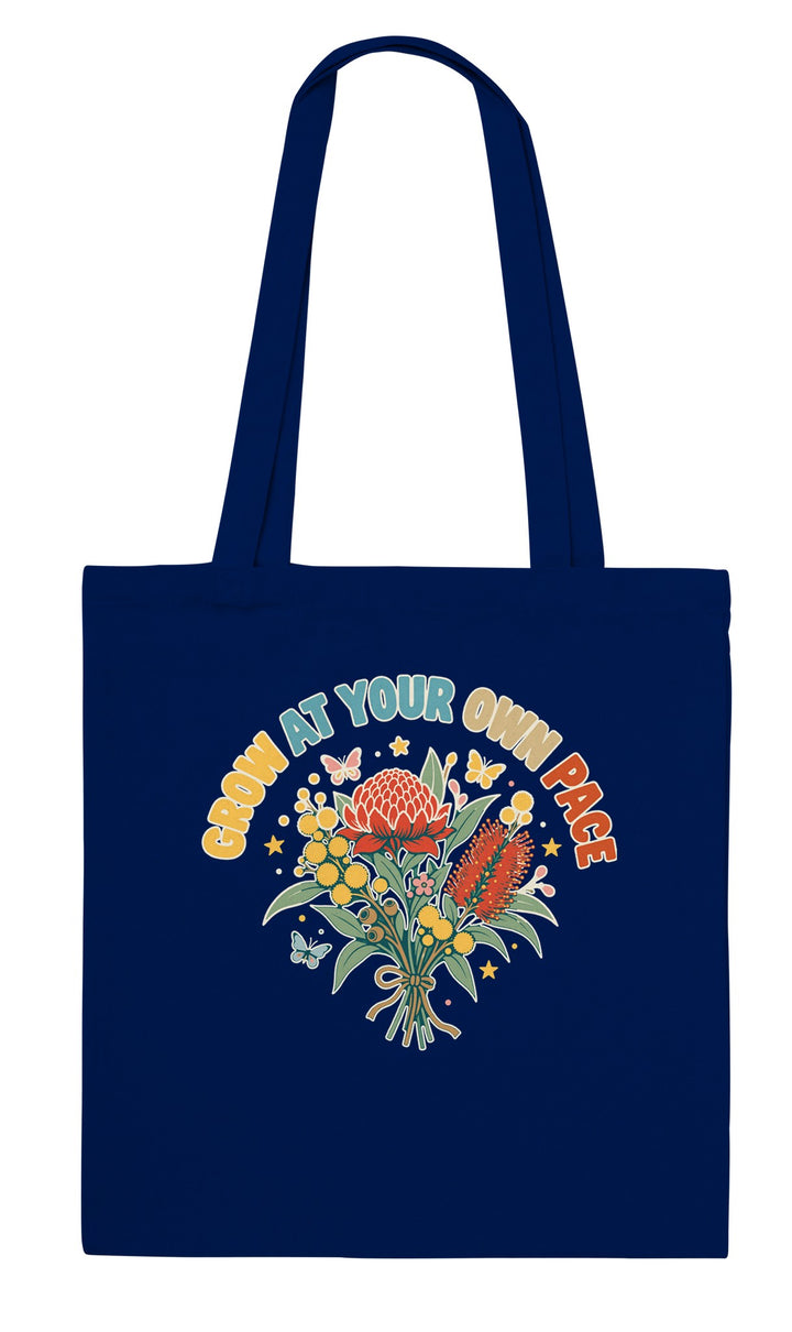 Grow at Your Own Pace feel-good tote bag in navy, Zen Koala Australia