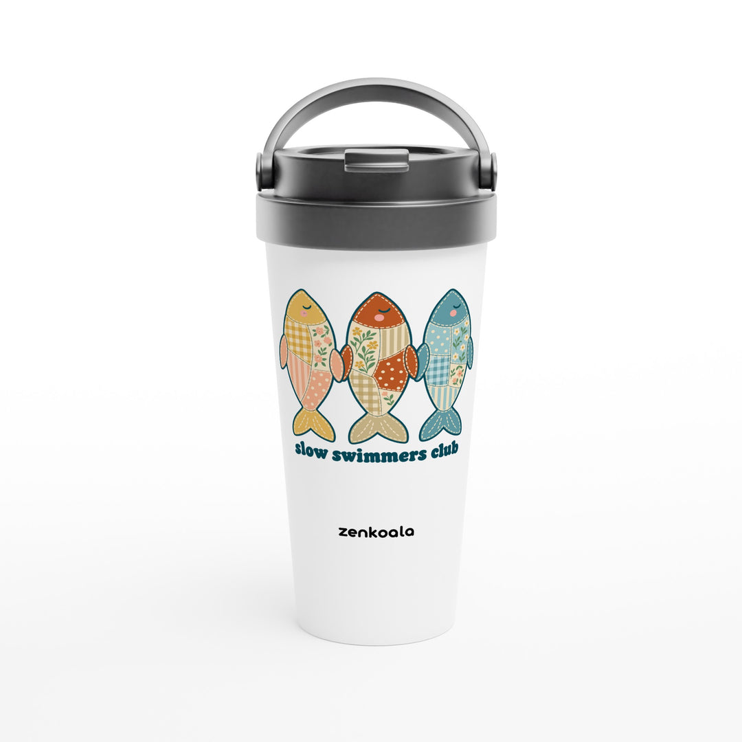 Slow Swimmers Club feel-good travel mug: three sleepy faux patchwork fish, Zen Koala Australia