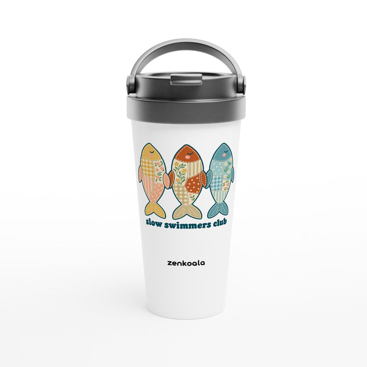 Slow Swimmers Club feel-good travel mug: three sleepy faux patchwork fish, Zen Koala Australia