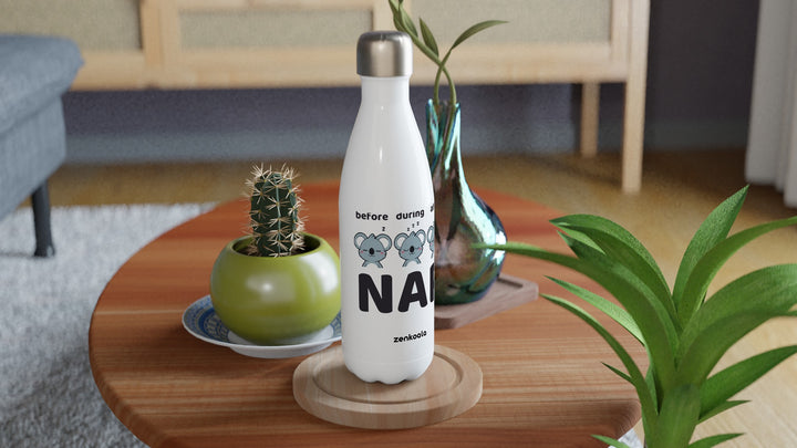 Before Nap Nap After Nap Koala water bottle on a wooden table with a cactus, Zen Koala Australia