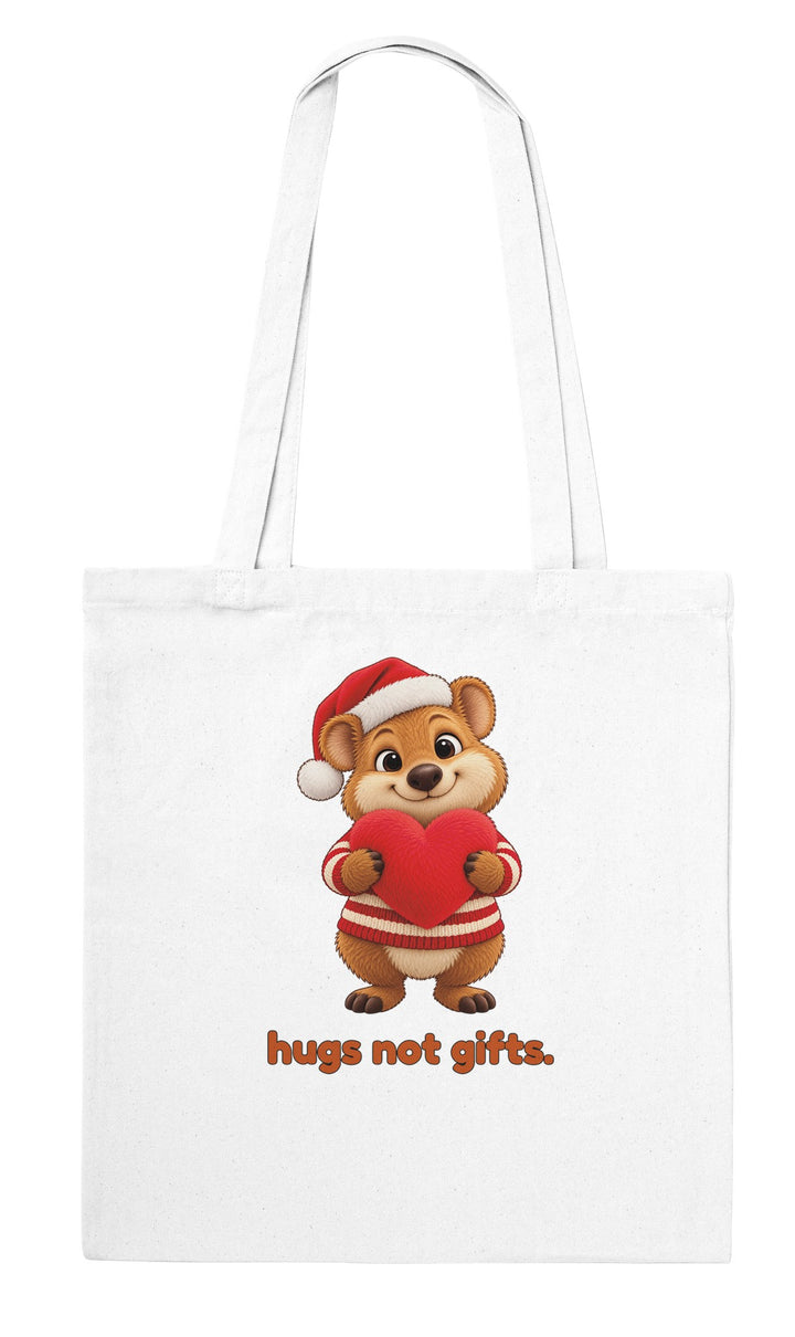 Hugs Not Gifts feel-good tote bag in white: a quokka holding a heart, Zen Koala Australia