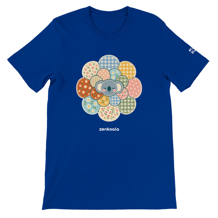 Zen Mandala Flower feel-good tee in true royal: a faux patchwork flower with a koala at its heart, Zen Koala Australia