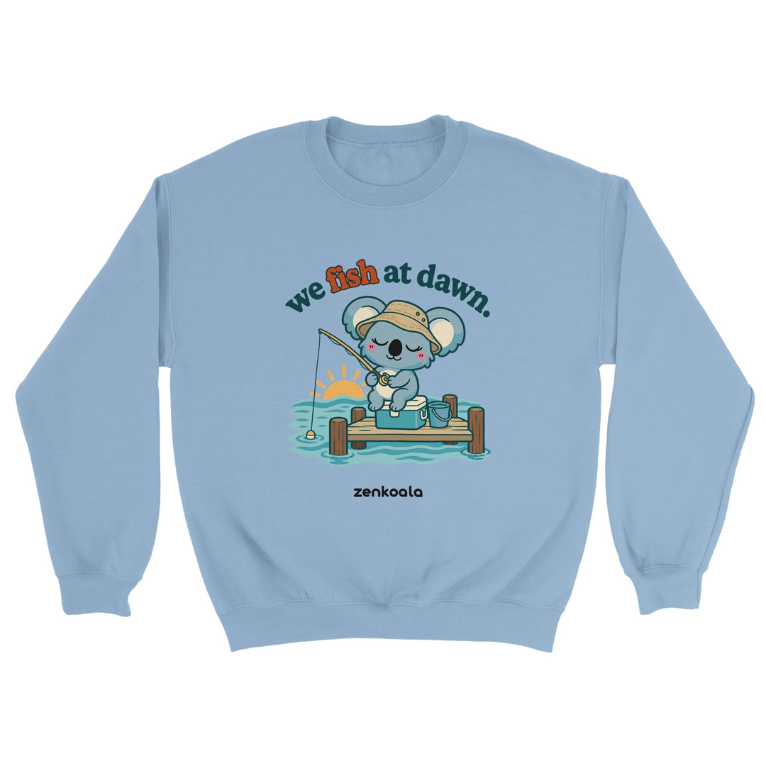 We Fish at Dawn feel-good sweatshirt in light blue, Zen Koala Australia