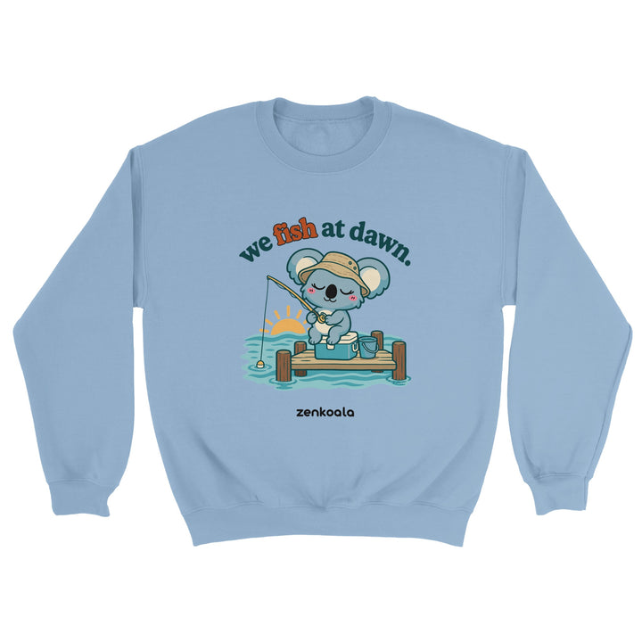 We Fish at Dawn feel-good sweatshirt in light blue, Zen Koala Australia