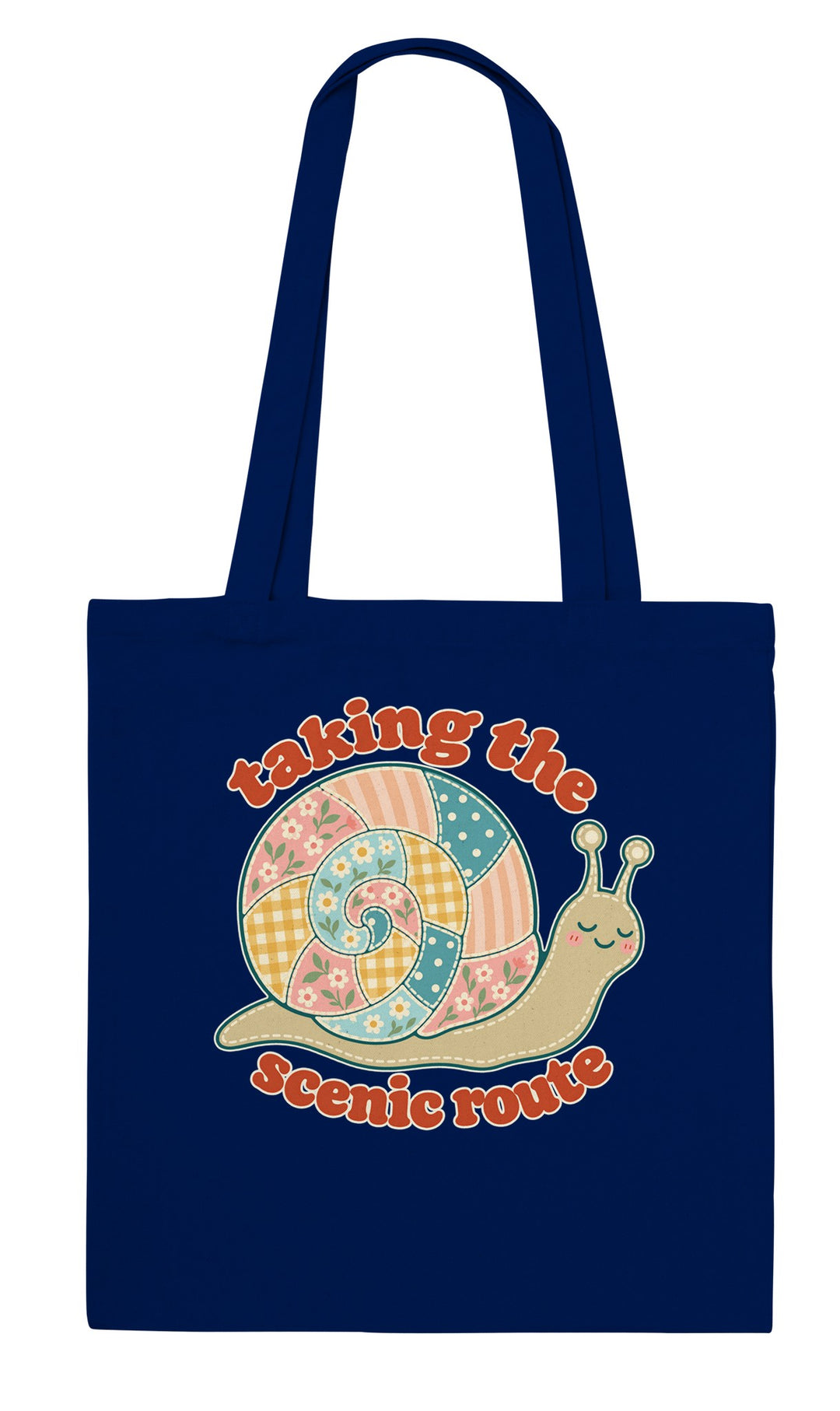 Taking the Scenic Route Snail feel-good tote bag in navy, Zen Koala Australia