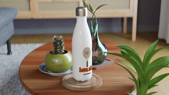 Love All water bottle on a wooden table with a cactus, Zen Koala Australia