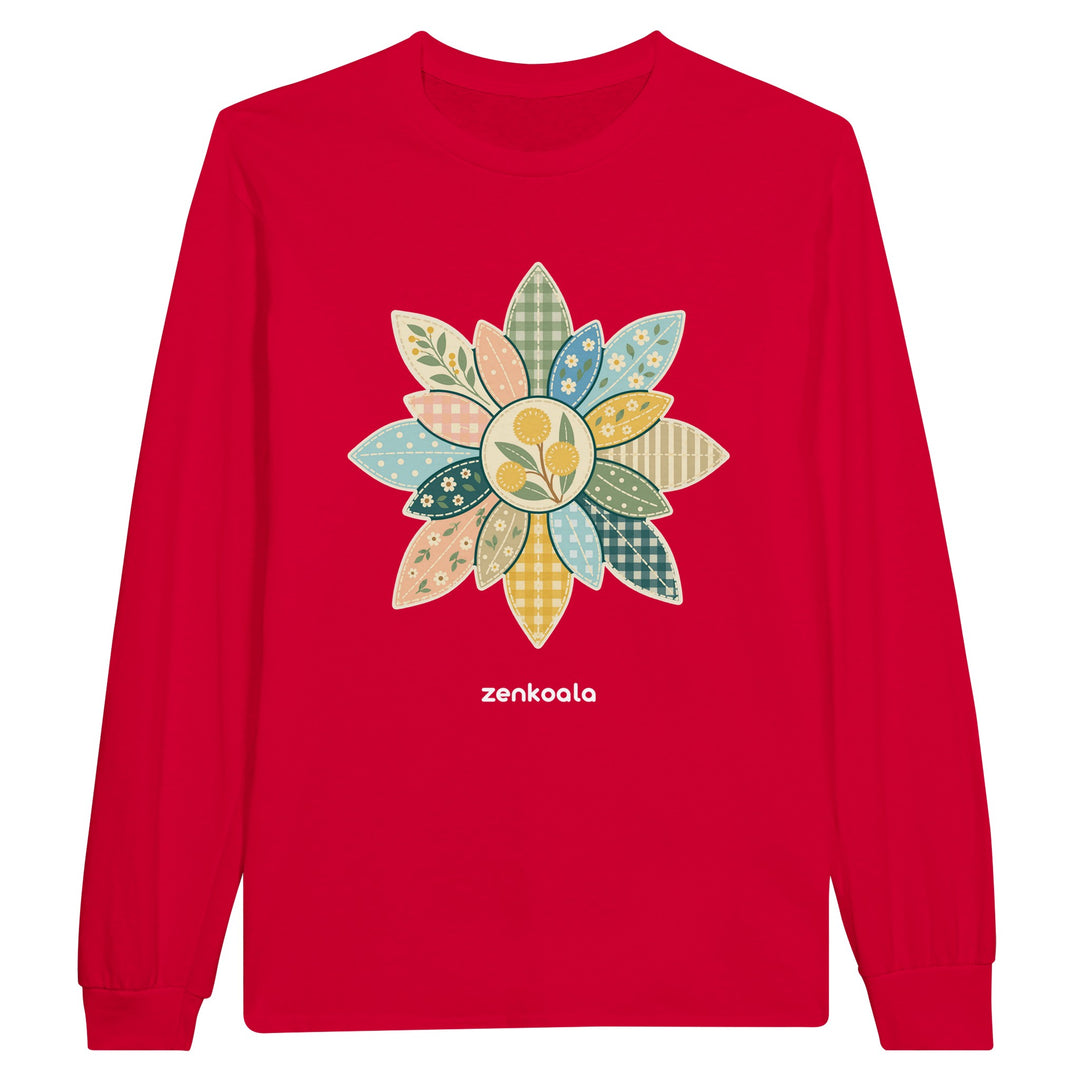 Wattle Mandala feel-good long sleeve tee in red, Zen Koala Australia