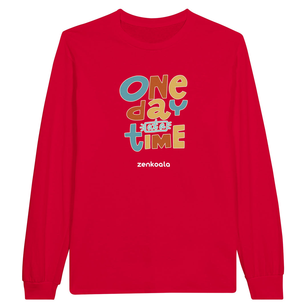 One Day at a Time feel-good long sleeve tee in red, Zen Koala Australia