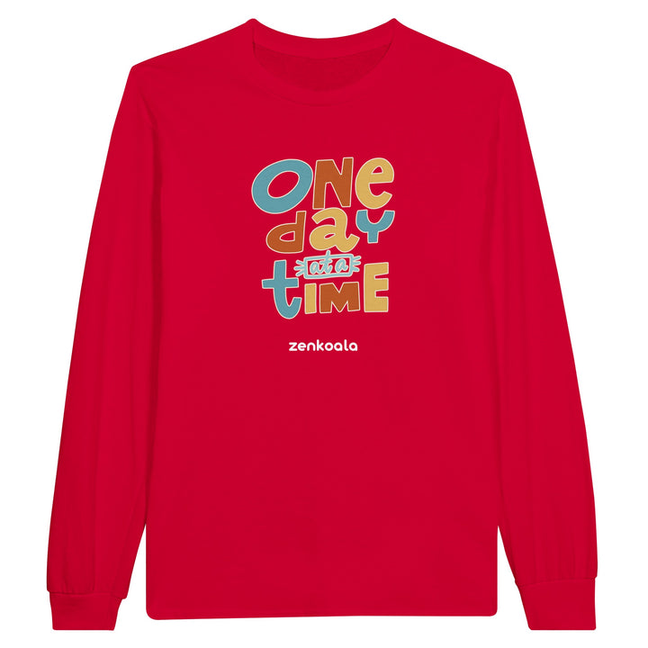 One Day at a Time feel-good long sleeve tee in red, Zen Koala Australia