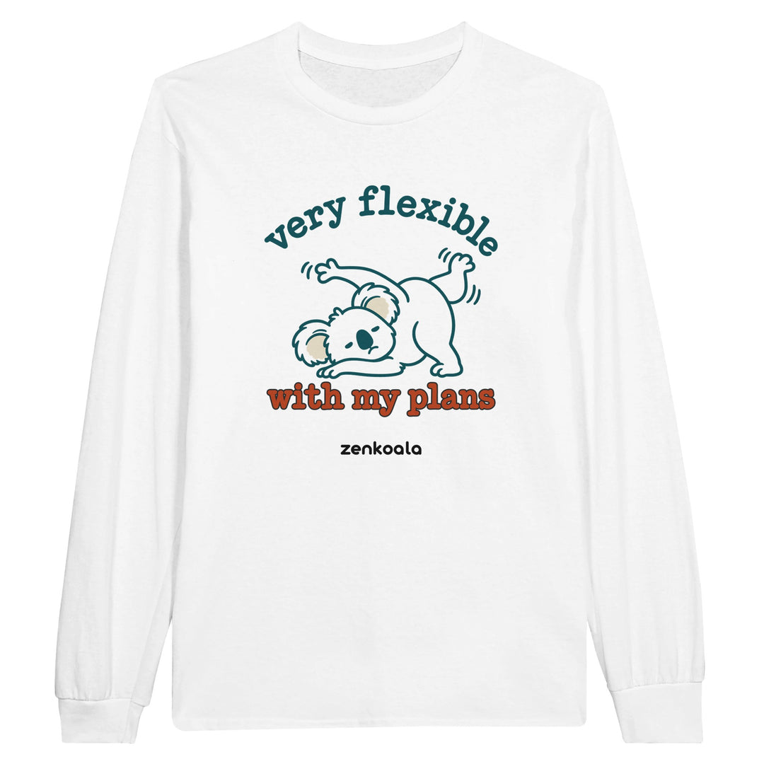 Very Flexible With My Plans feel-good long sleeve tee in white, Zen Koala Australia