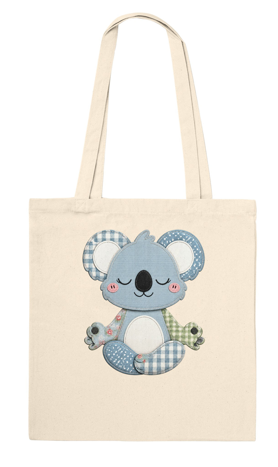 Faux Patchwork Meditating Koala feel-good tote bag in natural, Zen Koala Australia