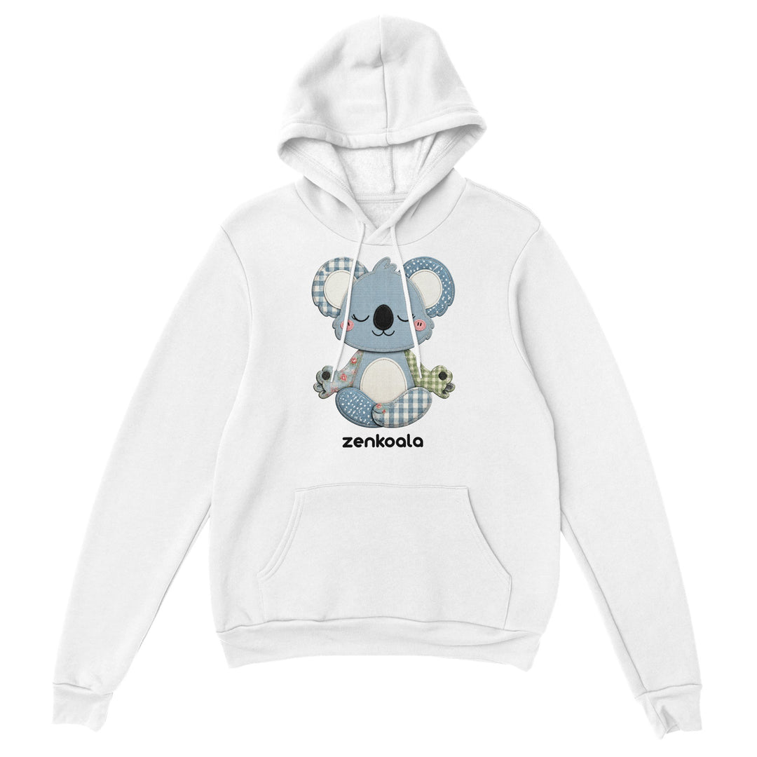 Faux Patchwork Meditating Koala feel-good hoodie in White — Zen Koala Australia