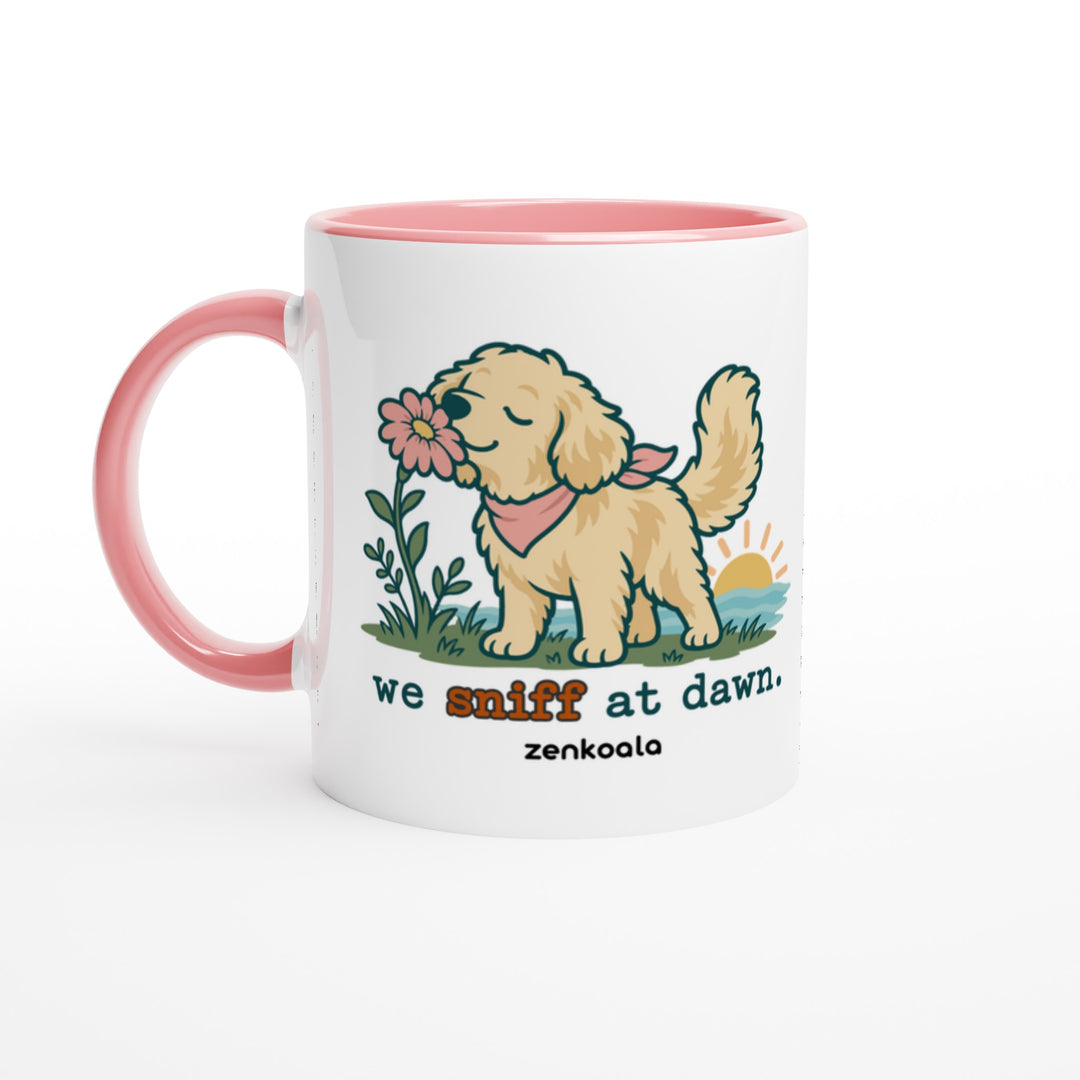 We Sniff at Dawn mug in pink: white with a pink rim, inside and handle, Zen Koala Australia